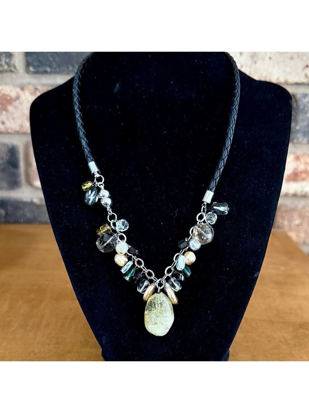 Artisan glass and gem necklace featuring quartz and pearls